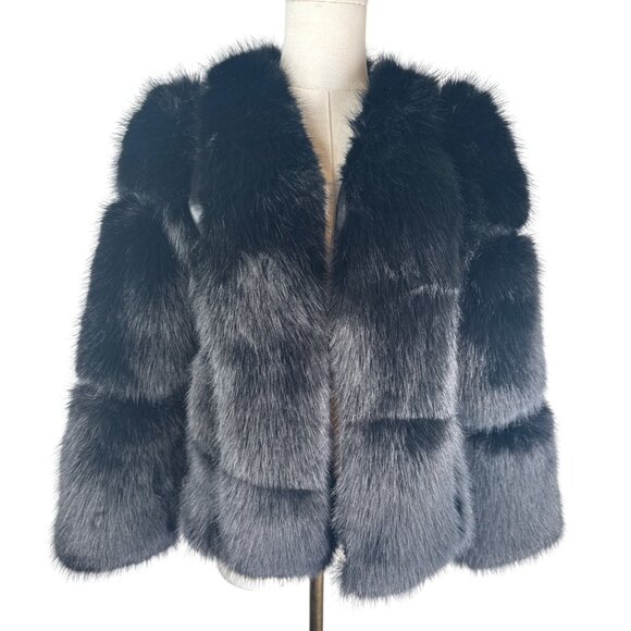 Black Faux Fur Tailored Jacket M Size 6 Lightweight Soft Short Elegant Coat New - Picture 6 of 14